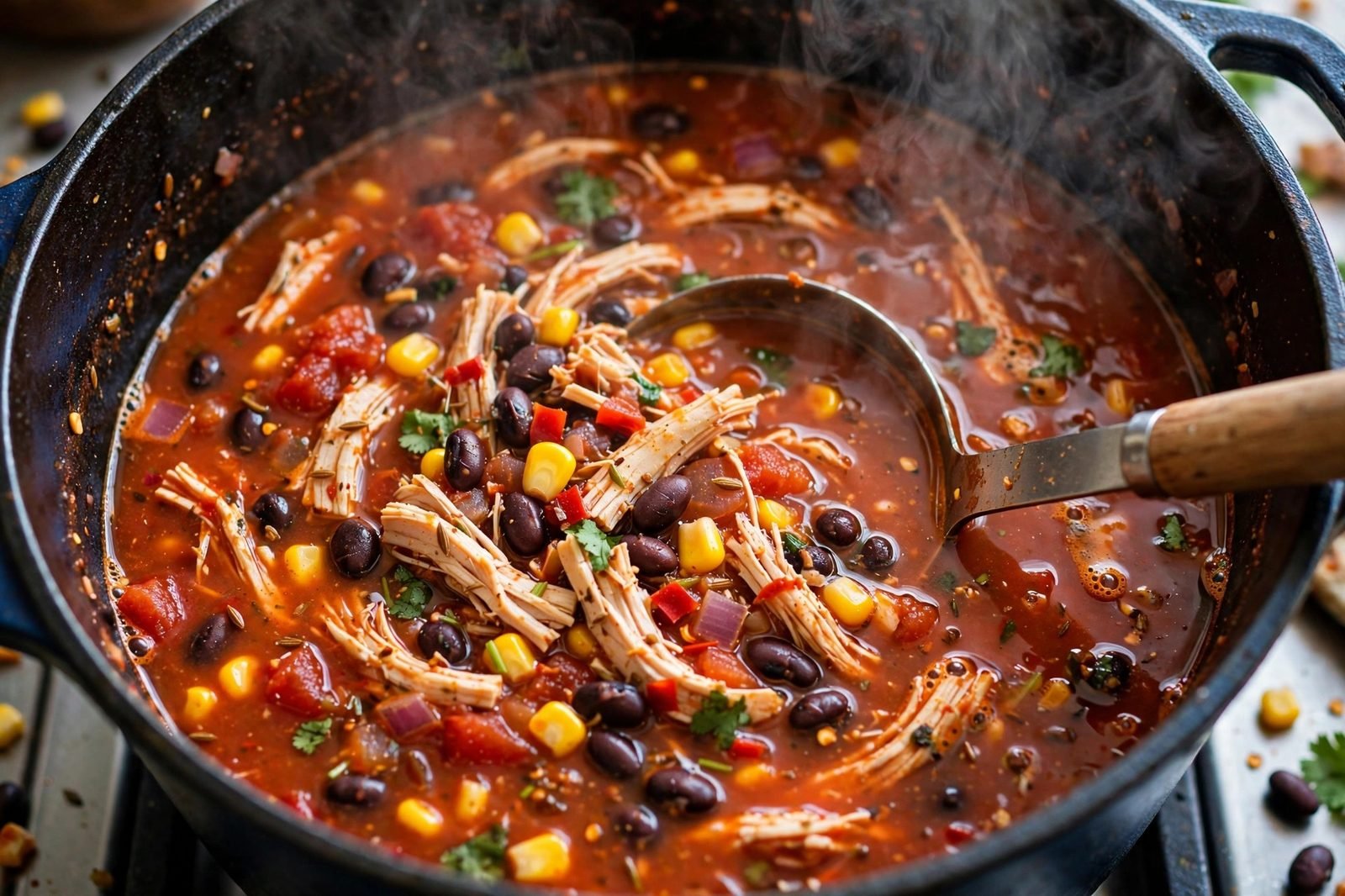 Shredded chicken, black beans, and corn stirred into the simmering soup
