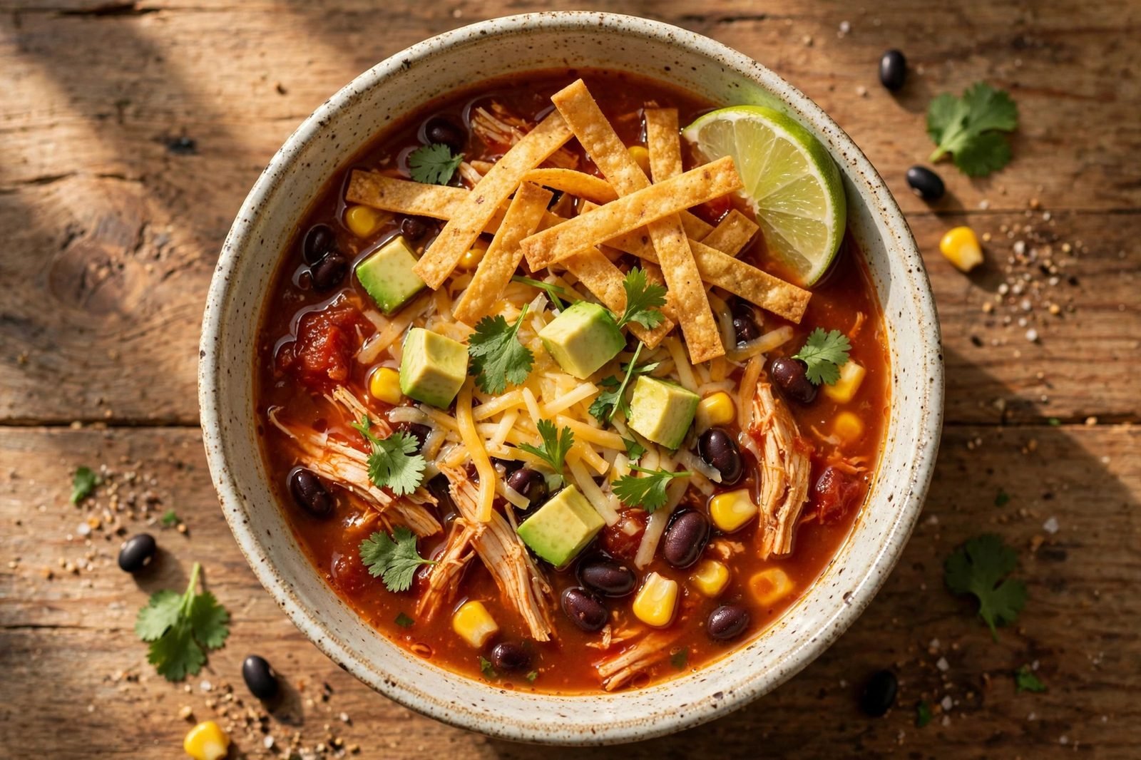 Overhead of finished chicken tortilla soup bowl with crispy tortilla strips, avocado, cheese, cilantro, and lime