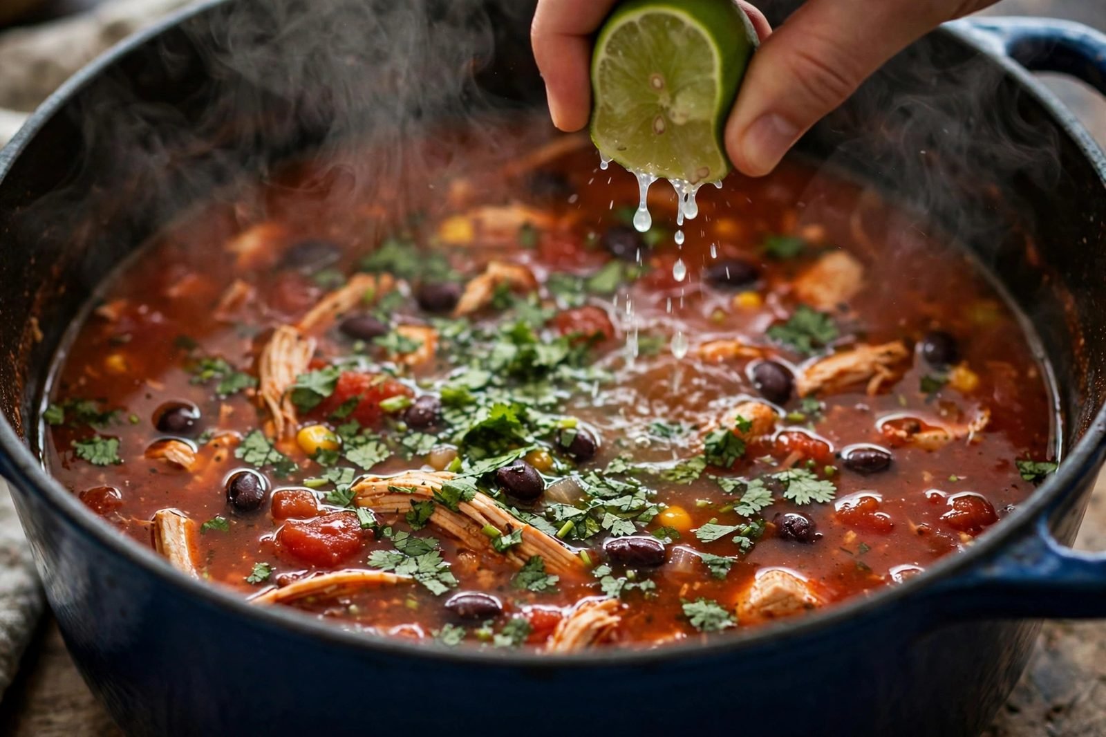 Close-up of lime juice and cilantro being stirred into the soup