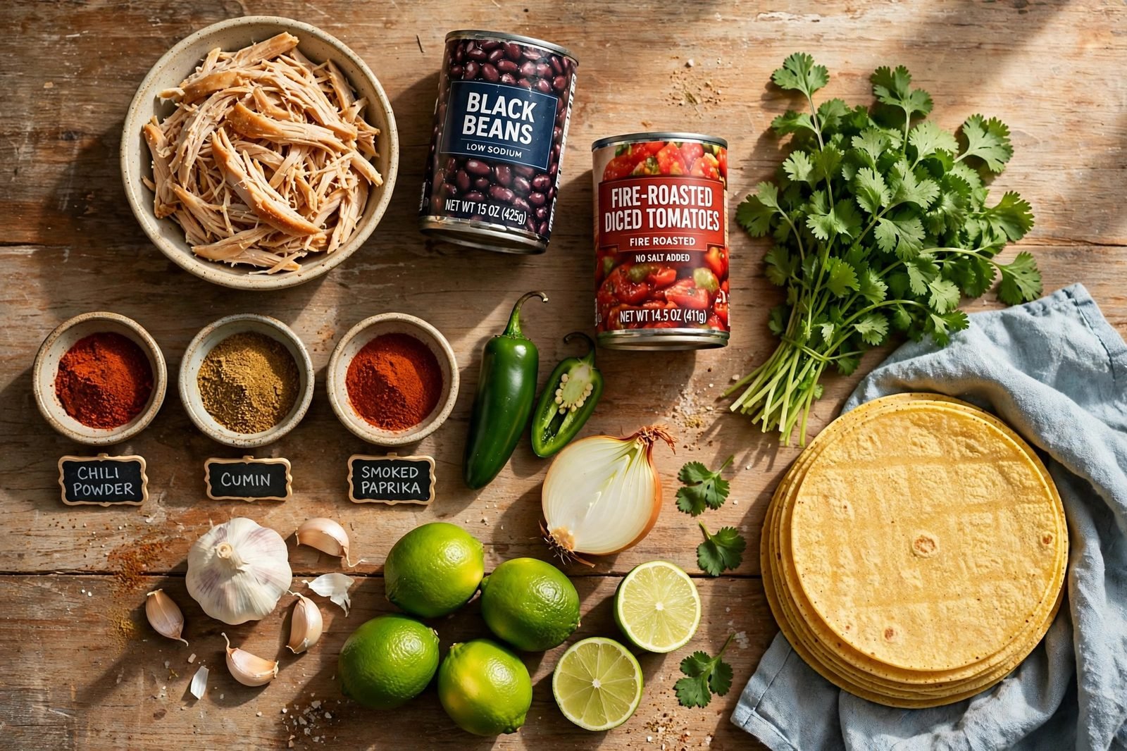 Ingredients for chicken tortilla soup: rotisserie chicken, black beans, fire-roasted tomatoes, spices, and corn tortillas