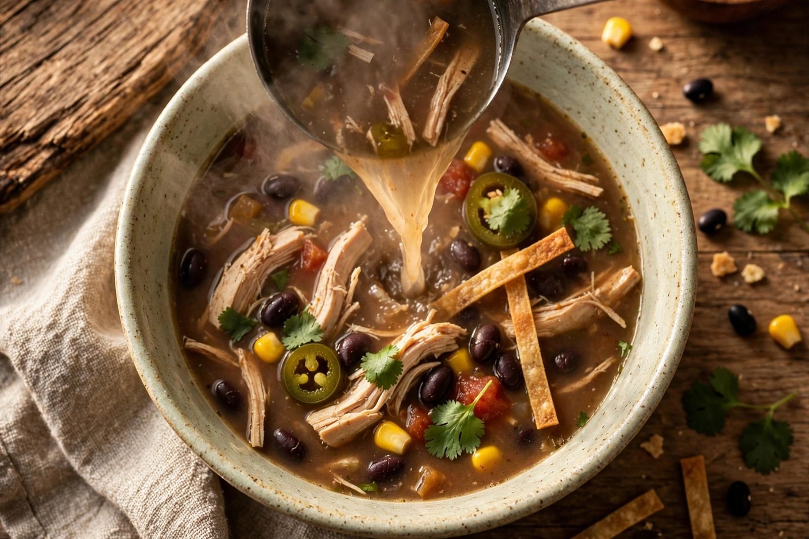 Ladling steaming chicken tortilla soup into a bowl