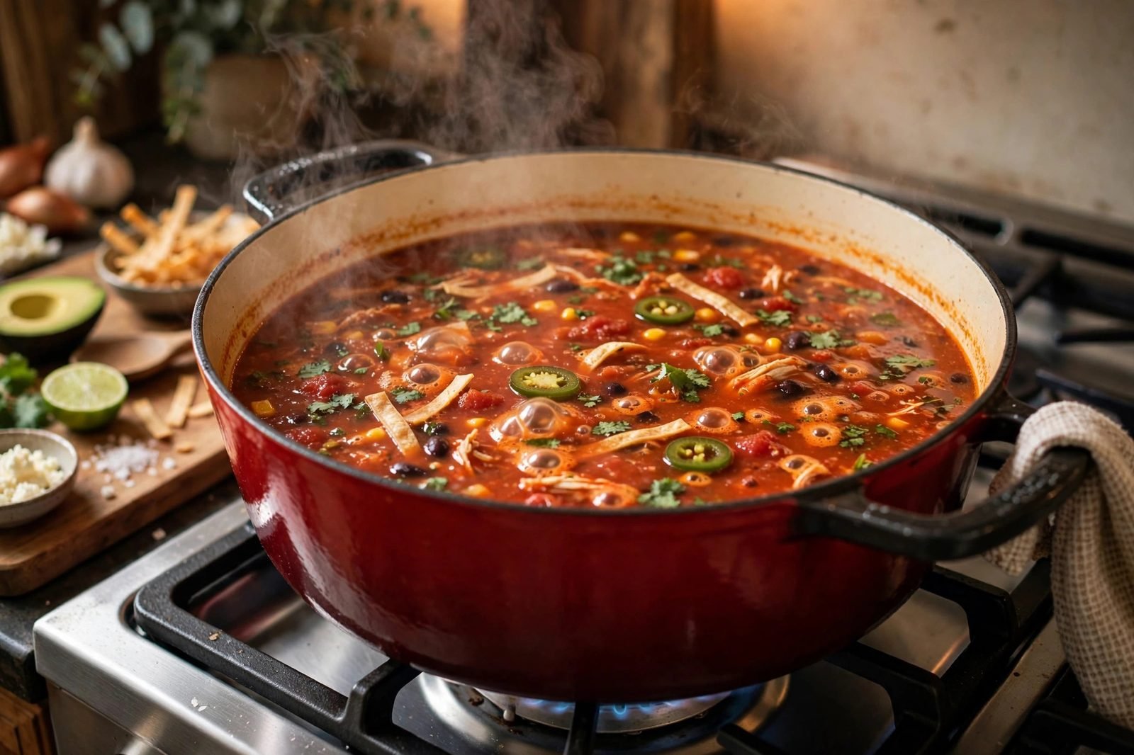 Chicken tortilla soup simmering in a Dutch oven