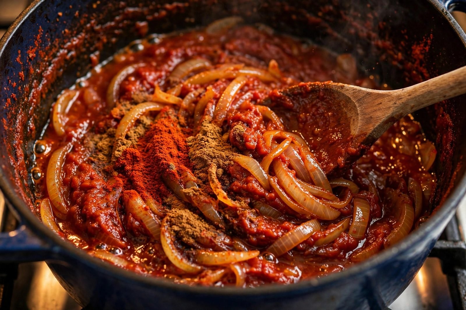 Tomato paste and spices blooming in the pot