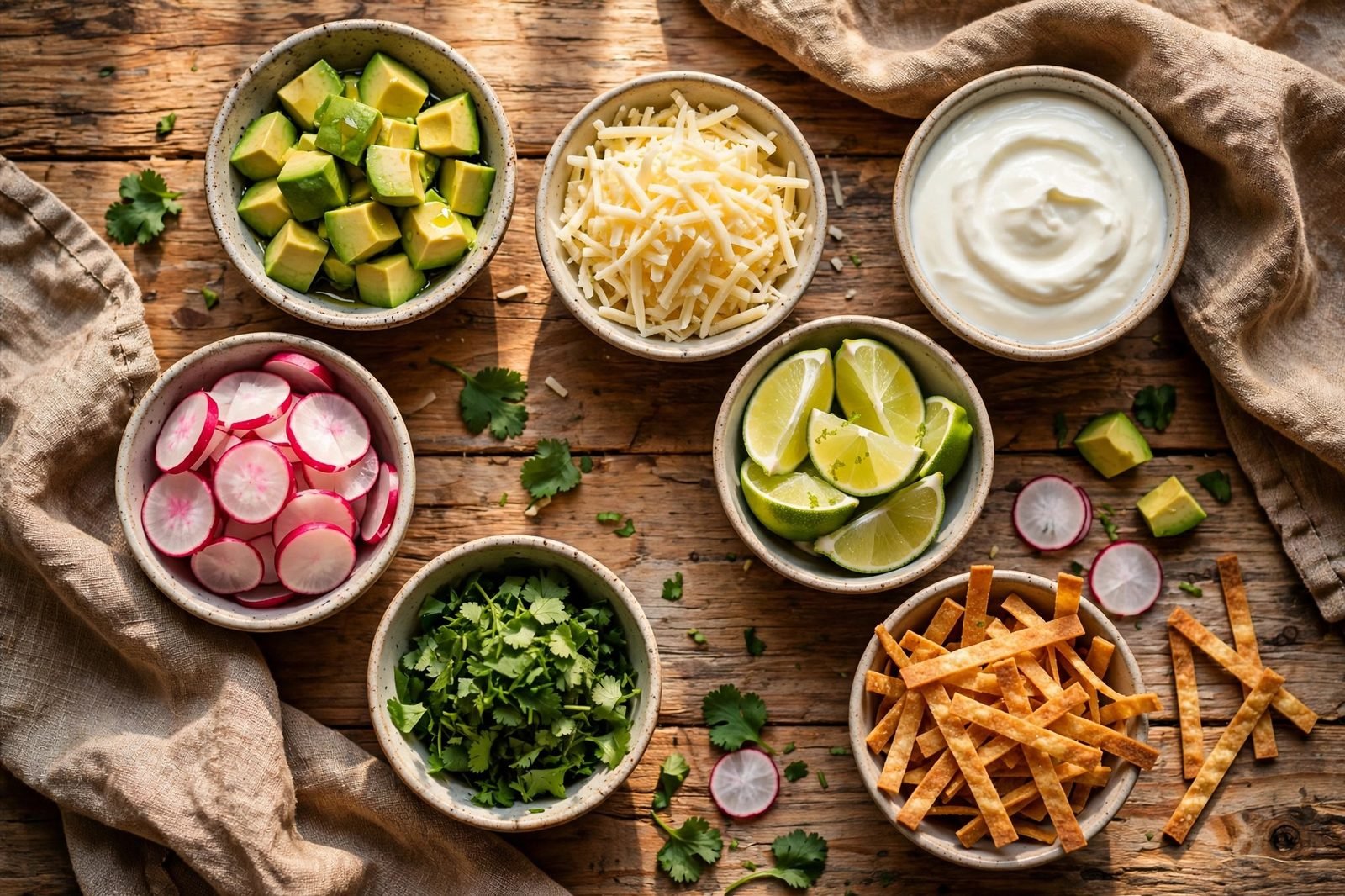 Toppings bar: diced avocado, shredded cheese, Greek yogurt, radishes, and lime wedges