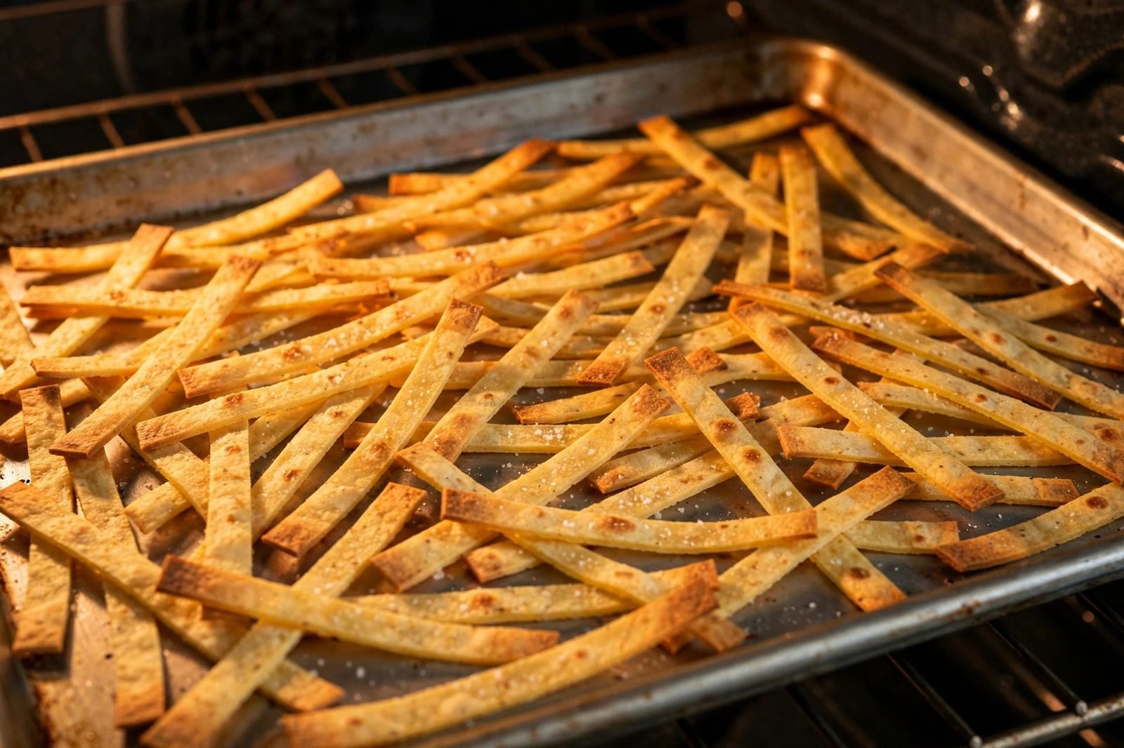 Tortilla strips baking golden on a sheet pan