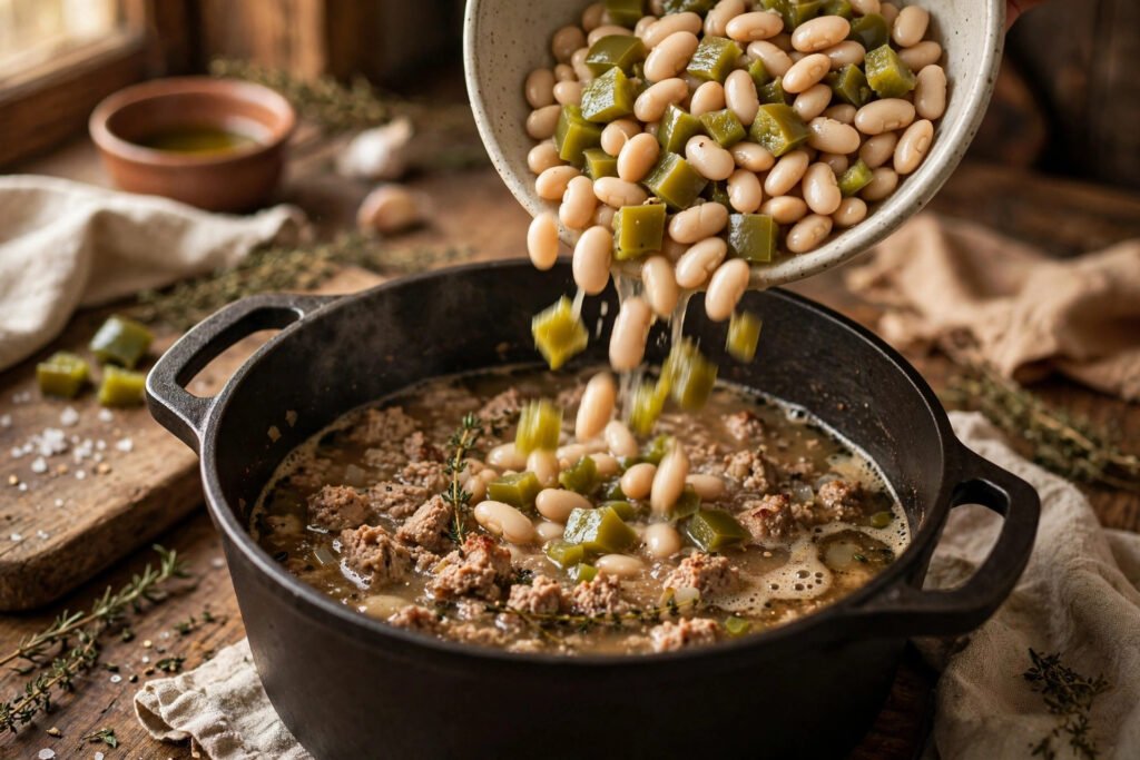 White cannellini beans and diced green chiles being added to the chili pot