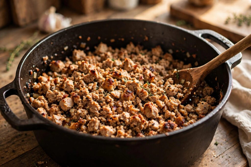Ground turkey browning and crumbling in a Dutch oven with a wooden spoon
