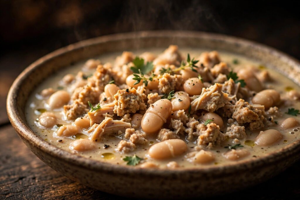 Close-up of creamy white bean turkey chili showing cannellini beans and turkey