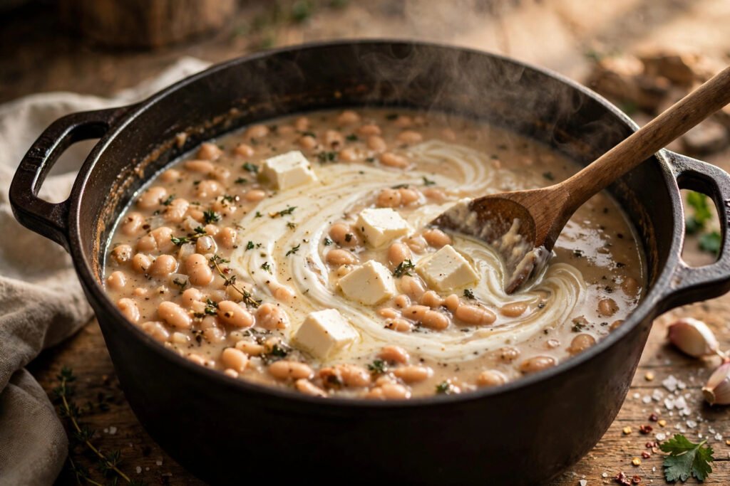 Cream cheese being swirled into the chili for a silky creamy finish