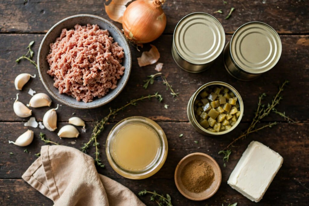 Flat lay of white bean turkey chili ingredients: ground turkey, cannellini beans, green chiles, onion, garlic, chicken broth, cumin, and cream cheese