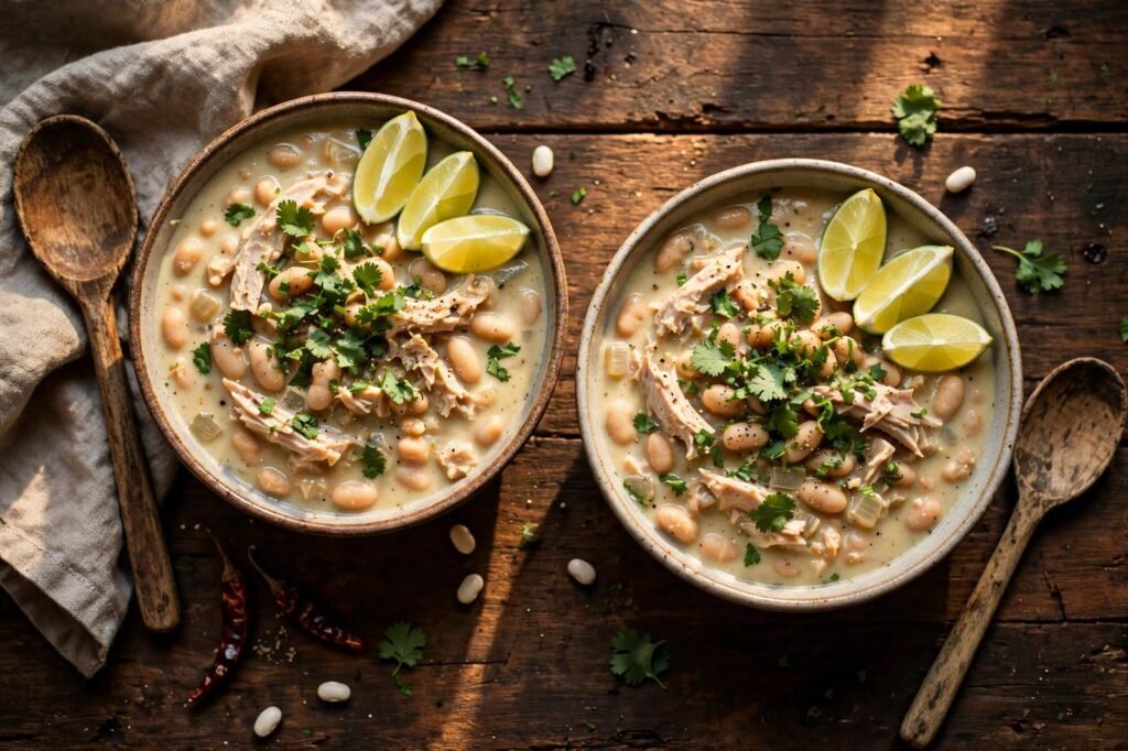 Two bowls of creamy white bean turkey chili topped with cilantro and lime wedges
