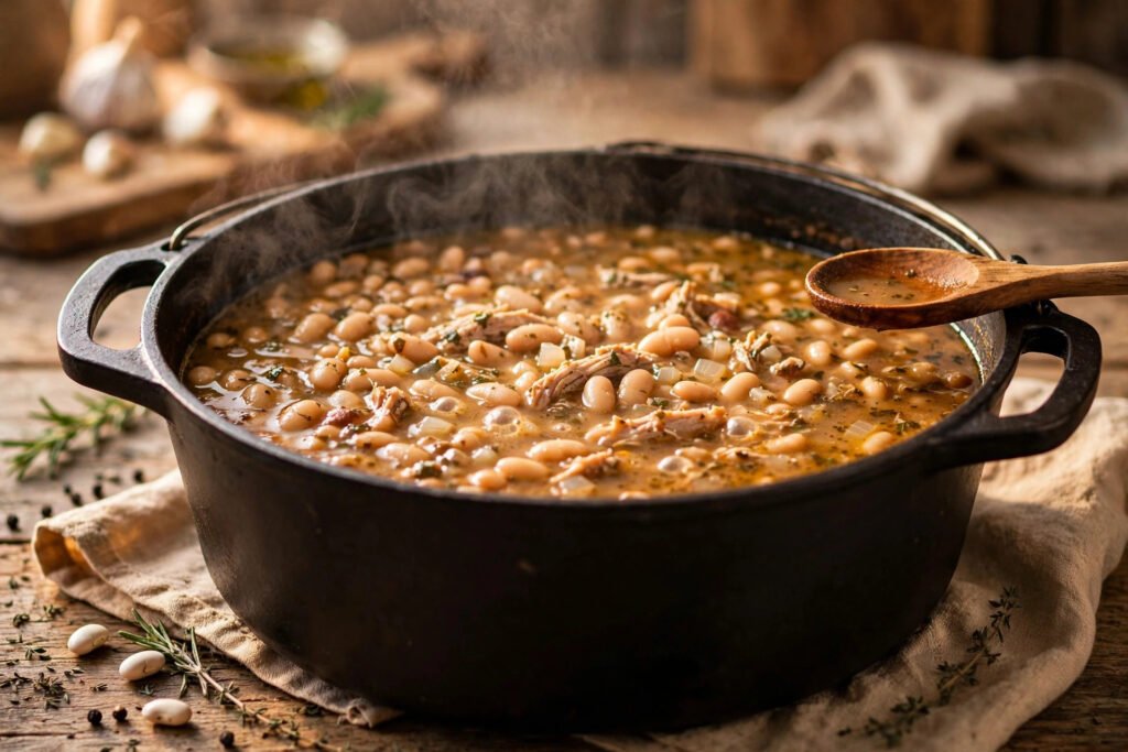 White bean turkey chili simmering in a Dutch oven with gentle steam
