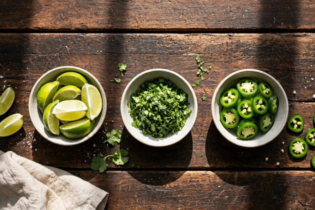 Small bowls of chili toppings: lime wedges, chopped fresh cilantro, and sliced jalapeno