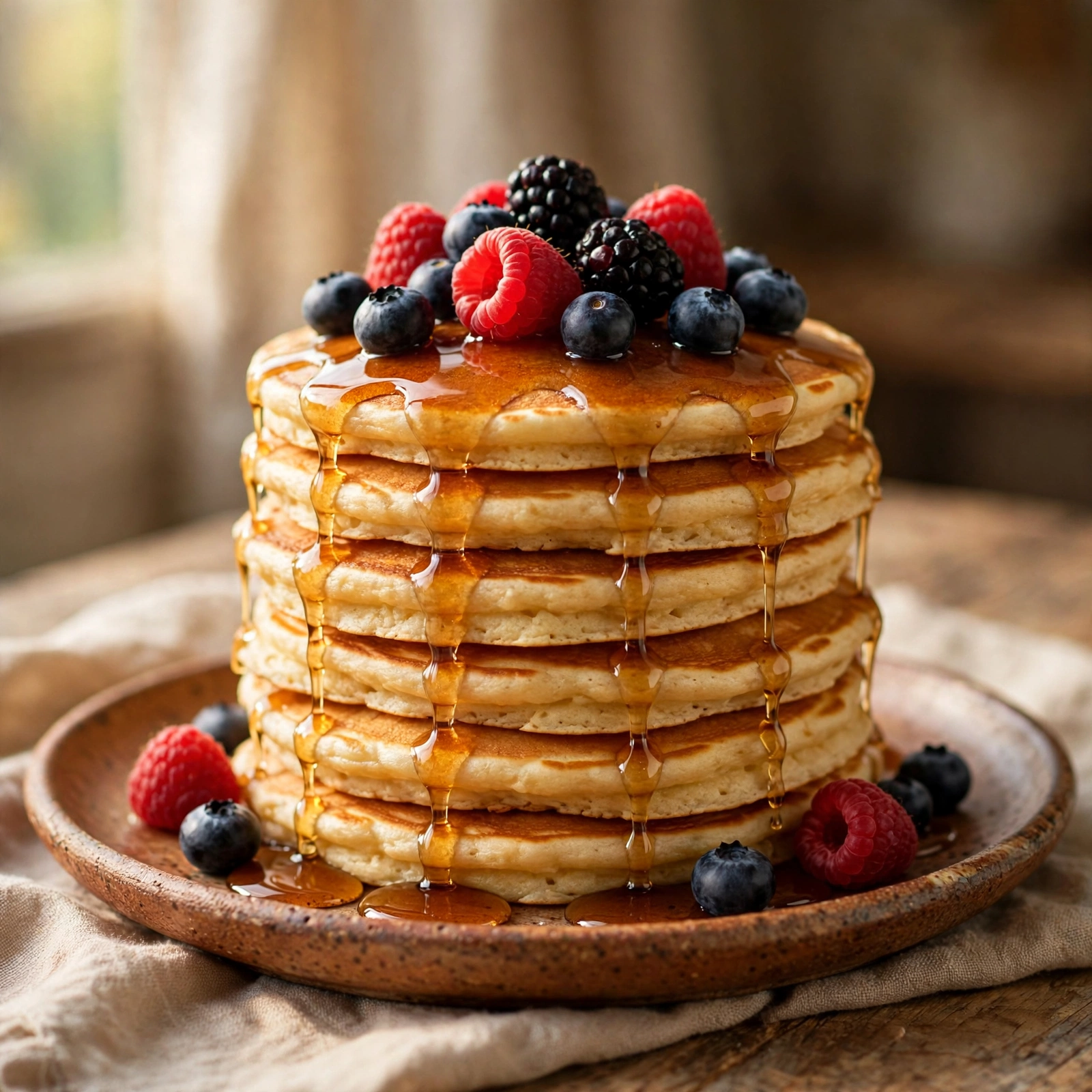 Stack of pancakes with berries and maple syrup