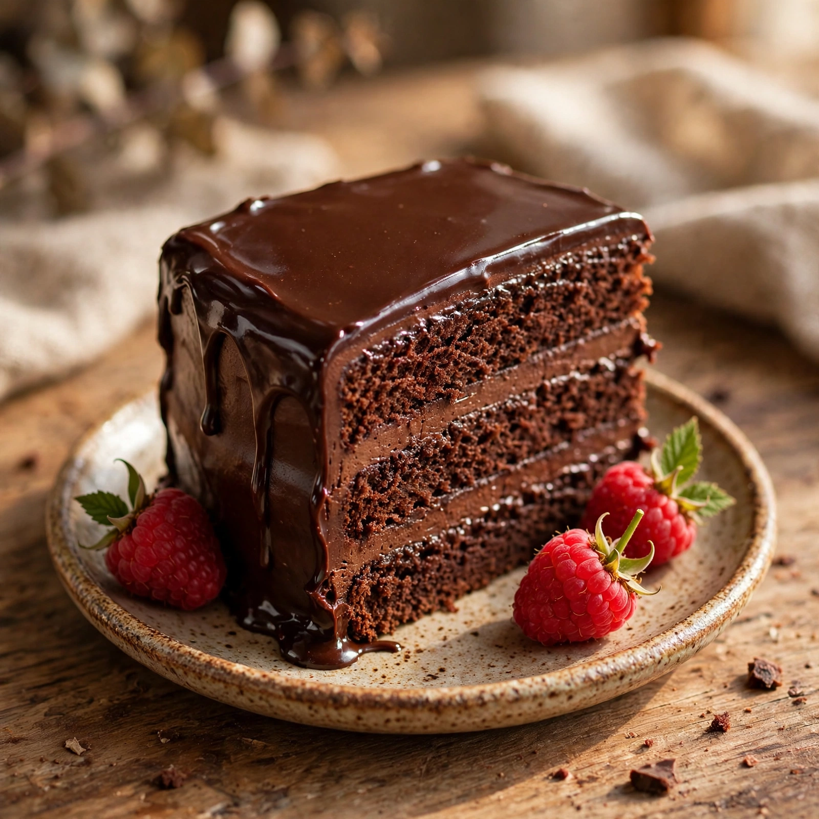 Slice of chocolate layer cake with raspberries