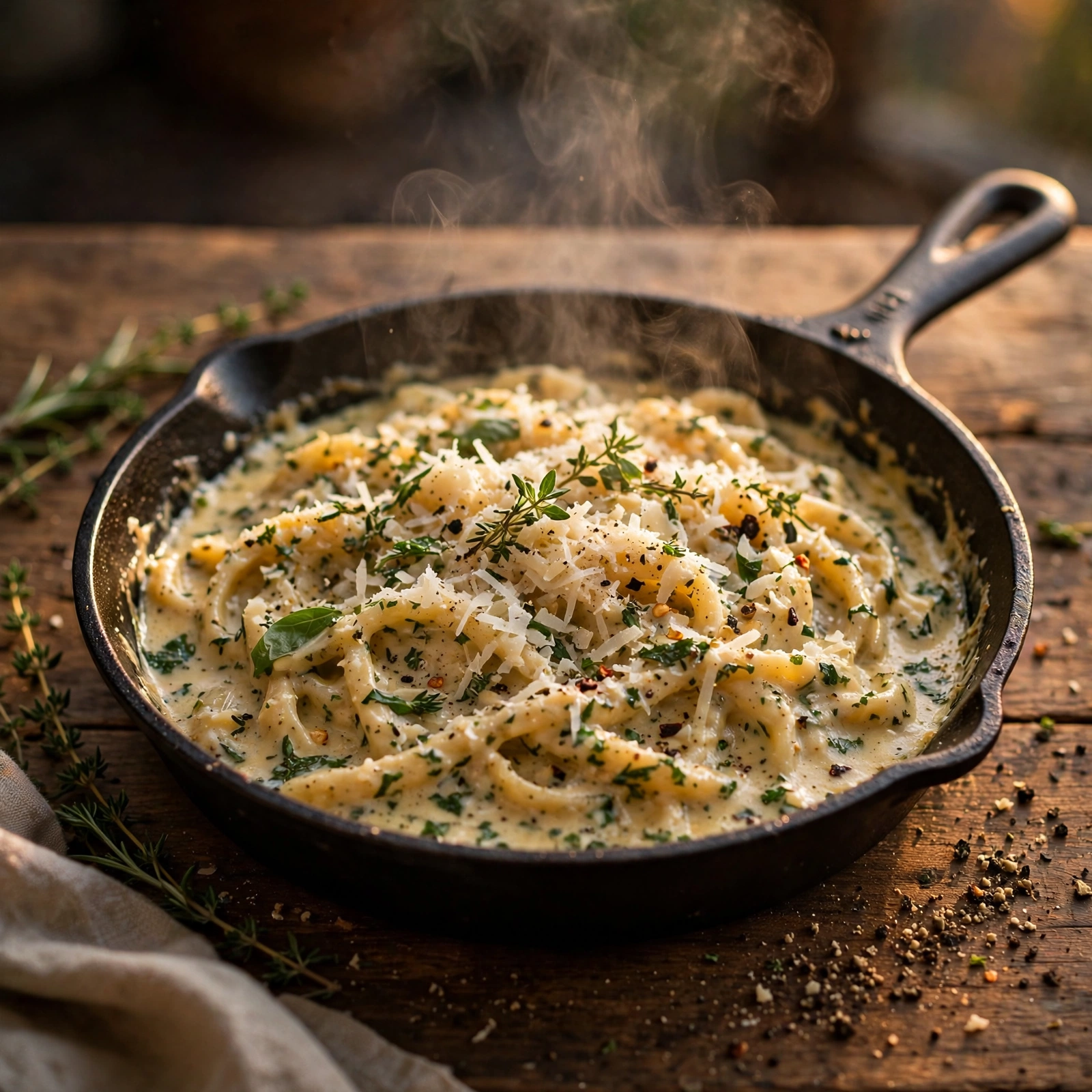 Skillet of creamy herb pasta