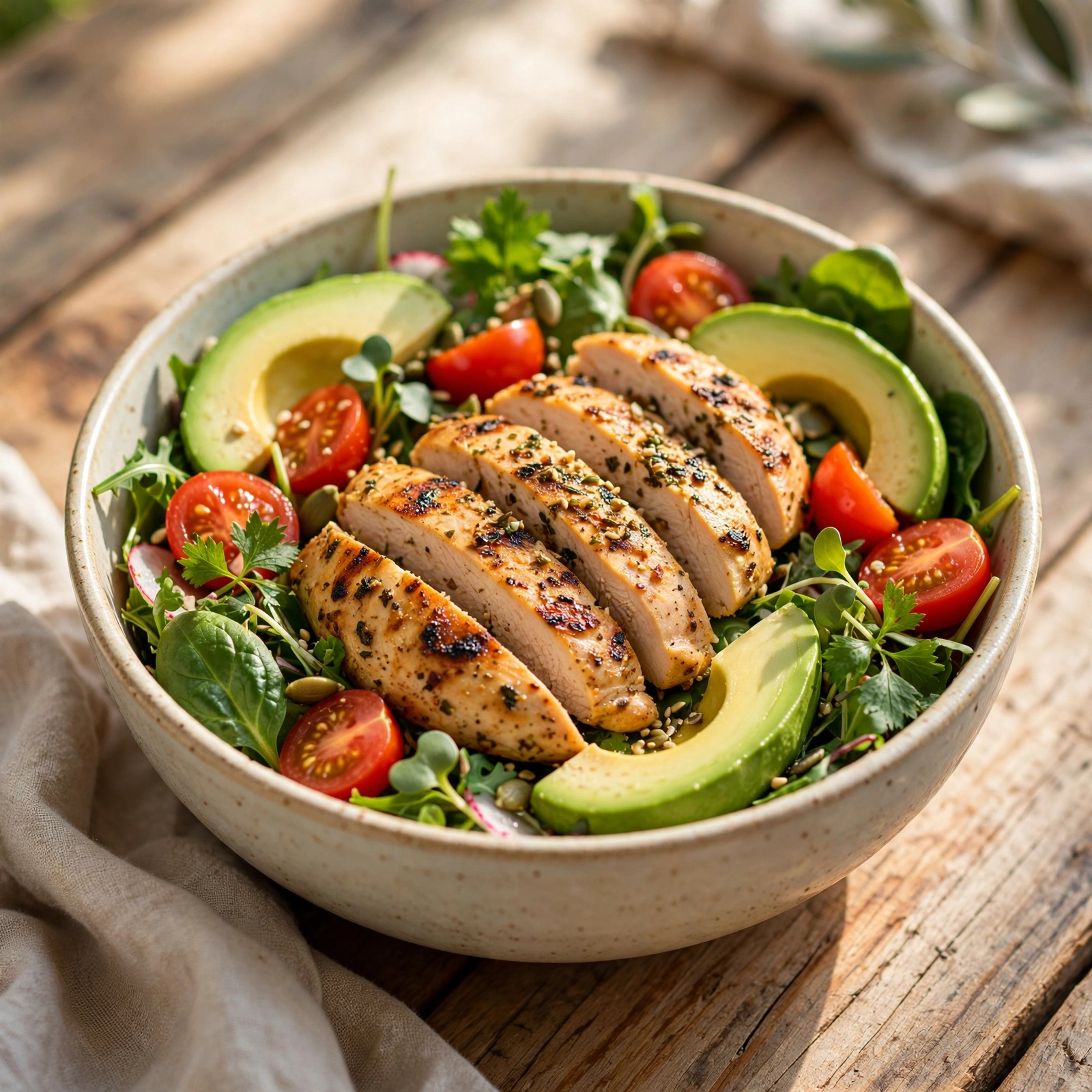 Fresh lunch bowl with grilled chicken, avocado, and vegetables