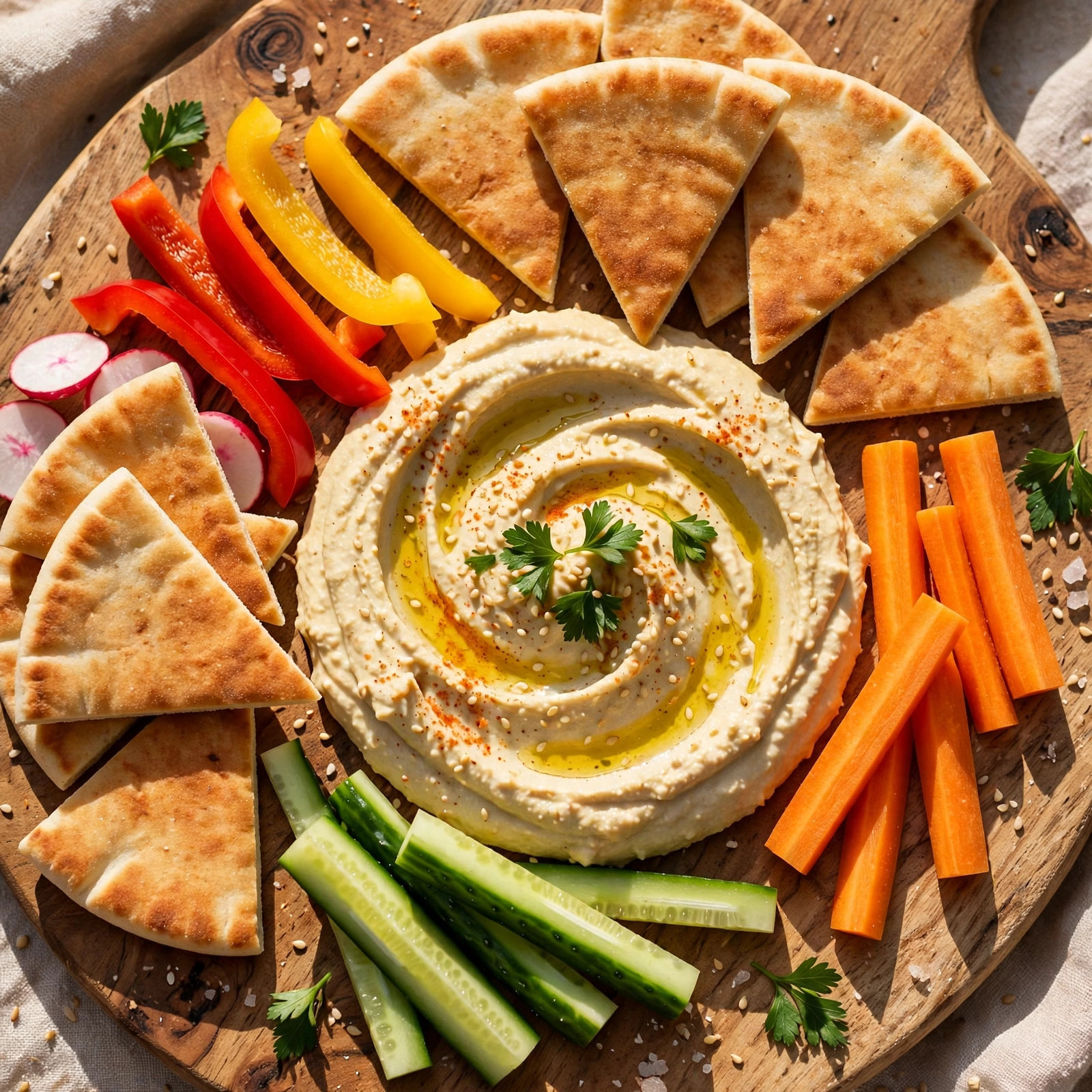 Hummus board with vegetables and pita