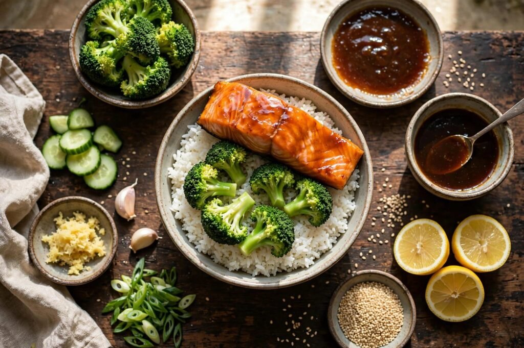 Assembling teriyaki salmon bowls with white rice, steamed broccoli, and glazed salmon