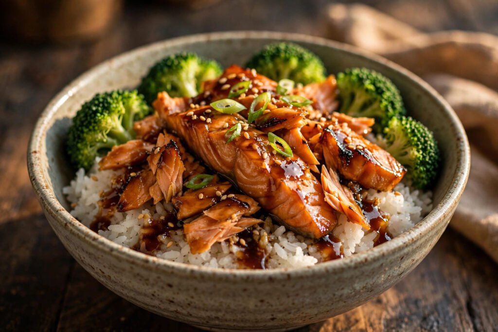Close-up of a finished teriyaki salmon bowl with sesame seeds and scallions