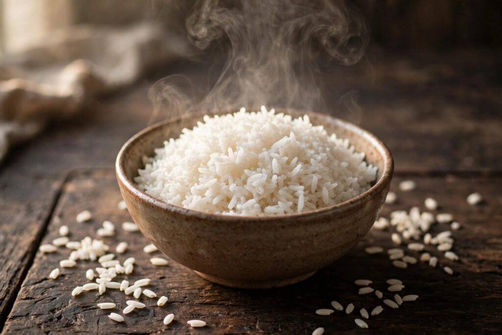 Bowl of fluffy cooked jasmine rice with gentle steam