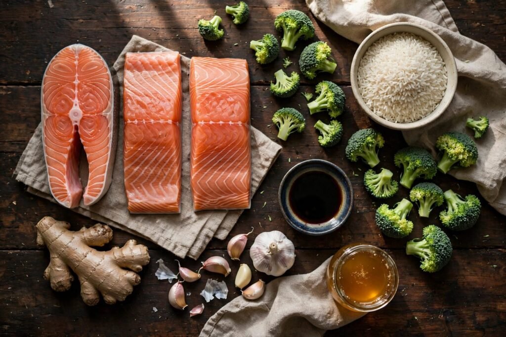 Flat lay of teriyaki salmon bowl ingredients: raw salmon fillets, broccoli florets, jasmine rice, soy sauce, fresh ginger, garlic, and honey