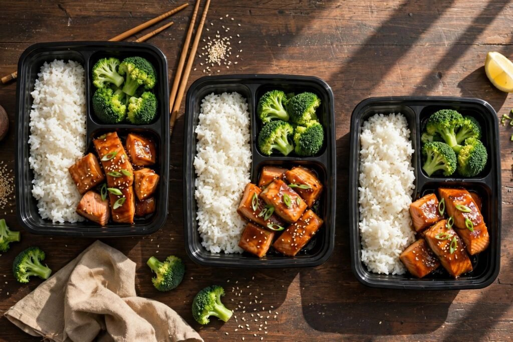 Meal-prep containers portioned with teriyaki salmon bowl components: rice, broccoli, and salmon