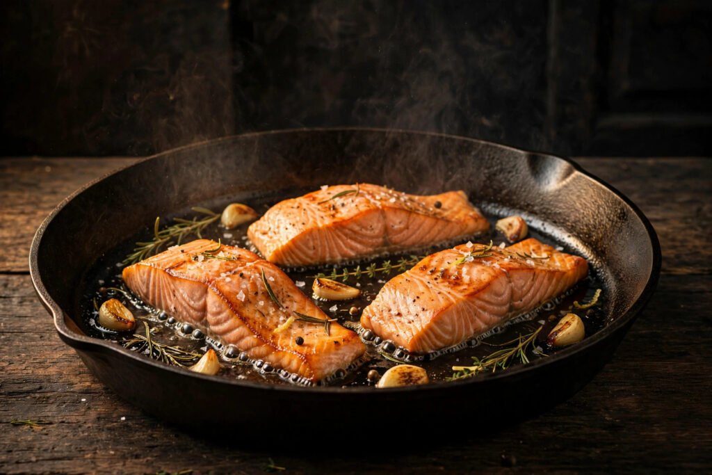 Salmon fillets searing with crisp golden edges in a 12-inch skillet