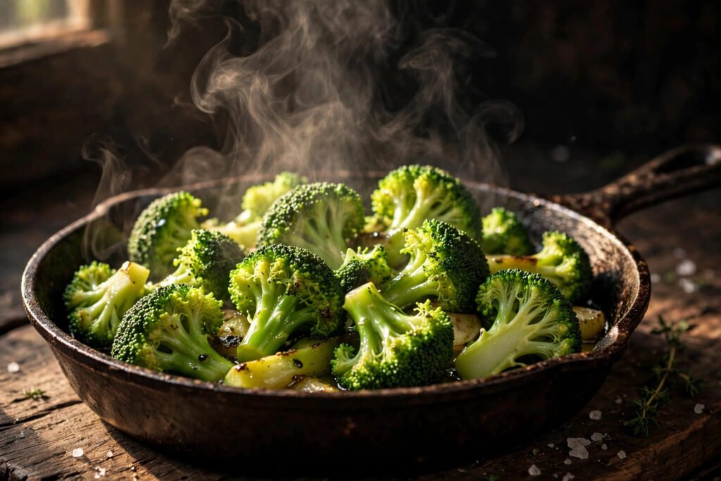Bright green broccoli florets steaming in a skillet
