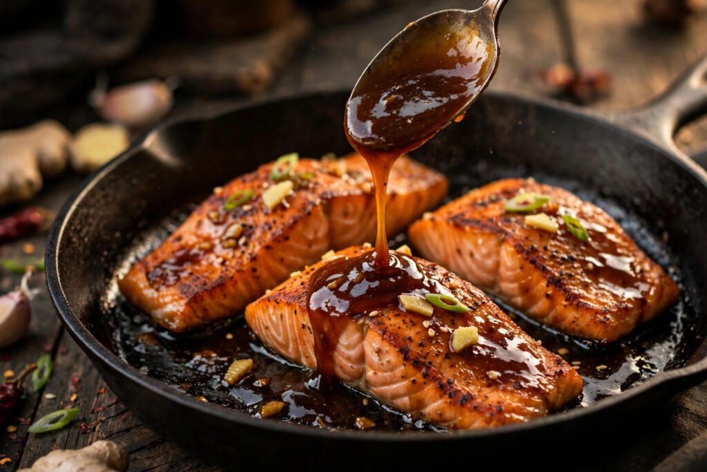 Glossy ginger-garlic teriyaki glaze being spooned over seared salmon in a skillet